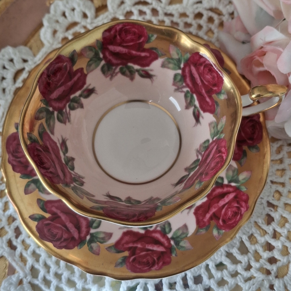 Rare PARAGON Red Cabbage Rose Peachy PINK Teacup and Saucer with Gold Trim